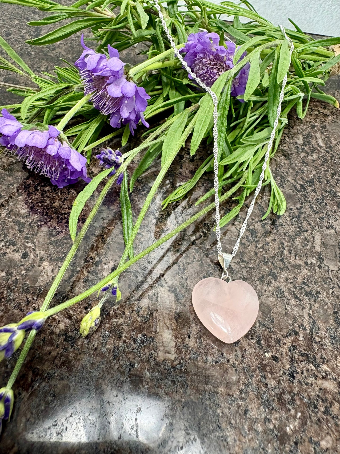 Small Rose Quartz Heart Sterling Silver pendant with 18” Sterling Silver Chain