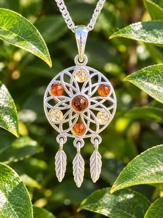 Sterling Silver Amber Dreamcatcher Pendant with 18" Chain