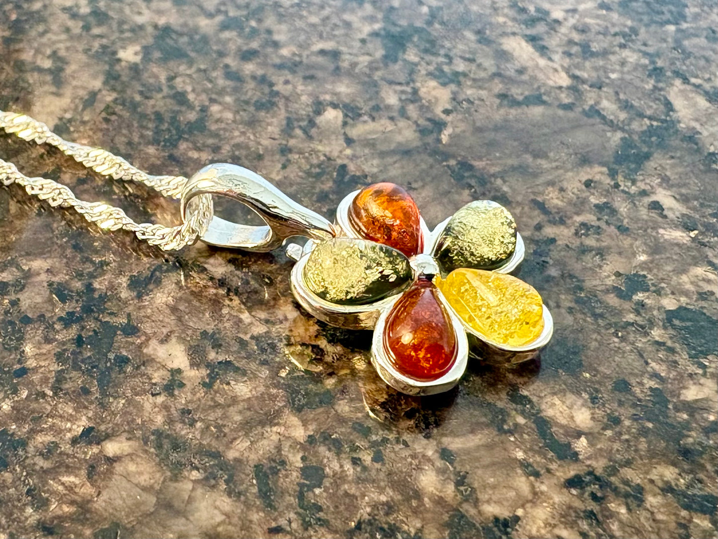 Sterling Silver Baltic Amber Flower Pendant Necklace – 18" Chain
