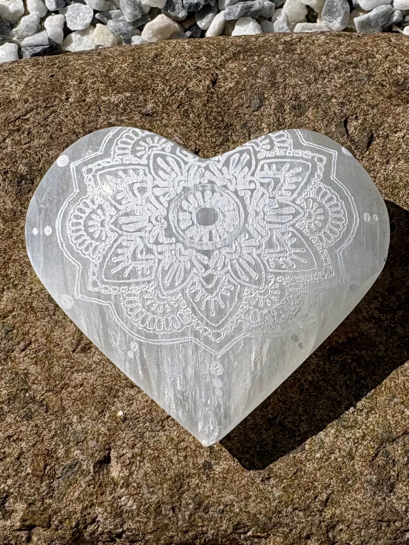 Engraved Selenite Heart Stone with Mandala Design