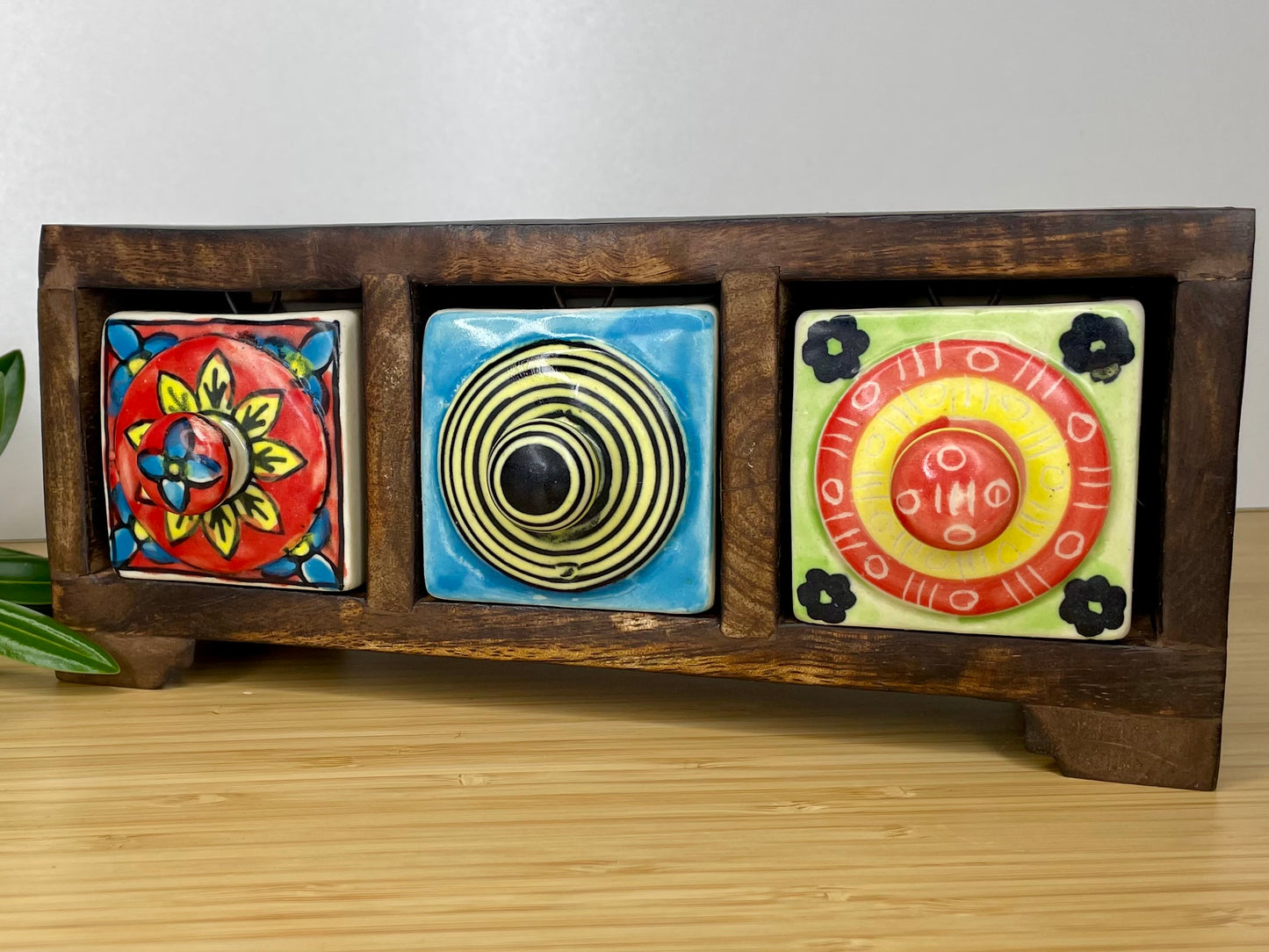 Wooden mini chest, 3 ceramic drawers.