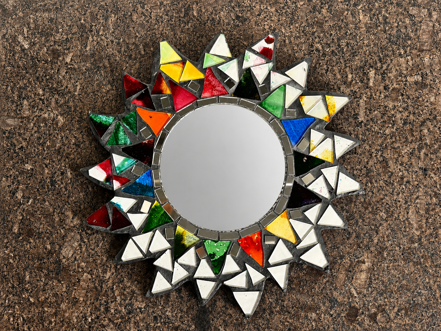 Handmade 20cm Stained Glass Mosaic Sunburst Mirror | Colourful Decorative Wall Mirror