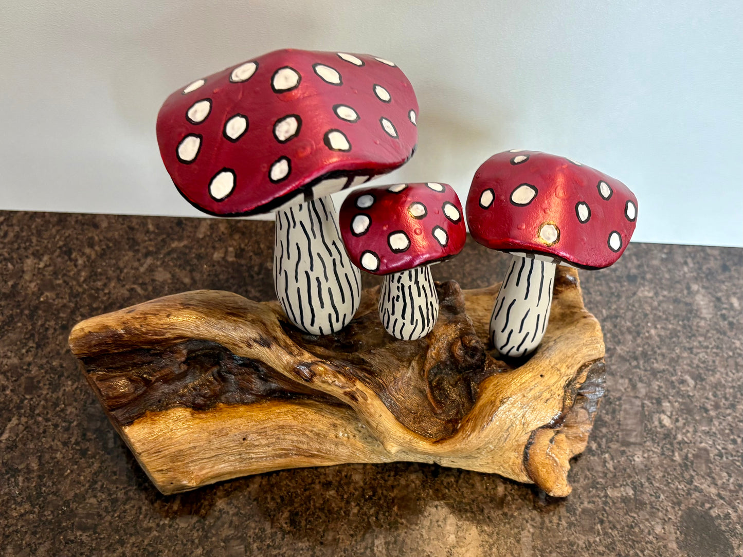 Hand-Painted Toadstool Trio on Wood Base