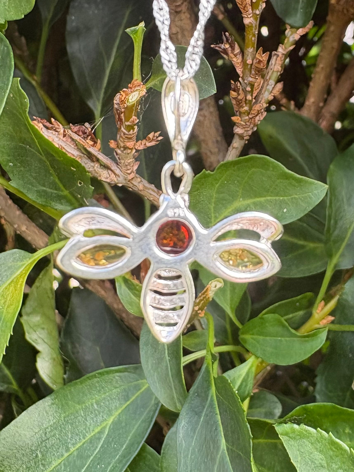 Sterling Silver Amber Bee Pendant Necklace with 18" Sterling Silver Chain