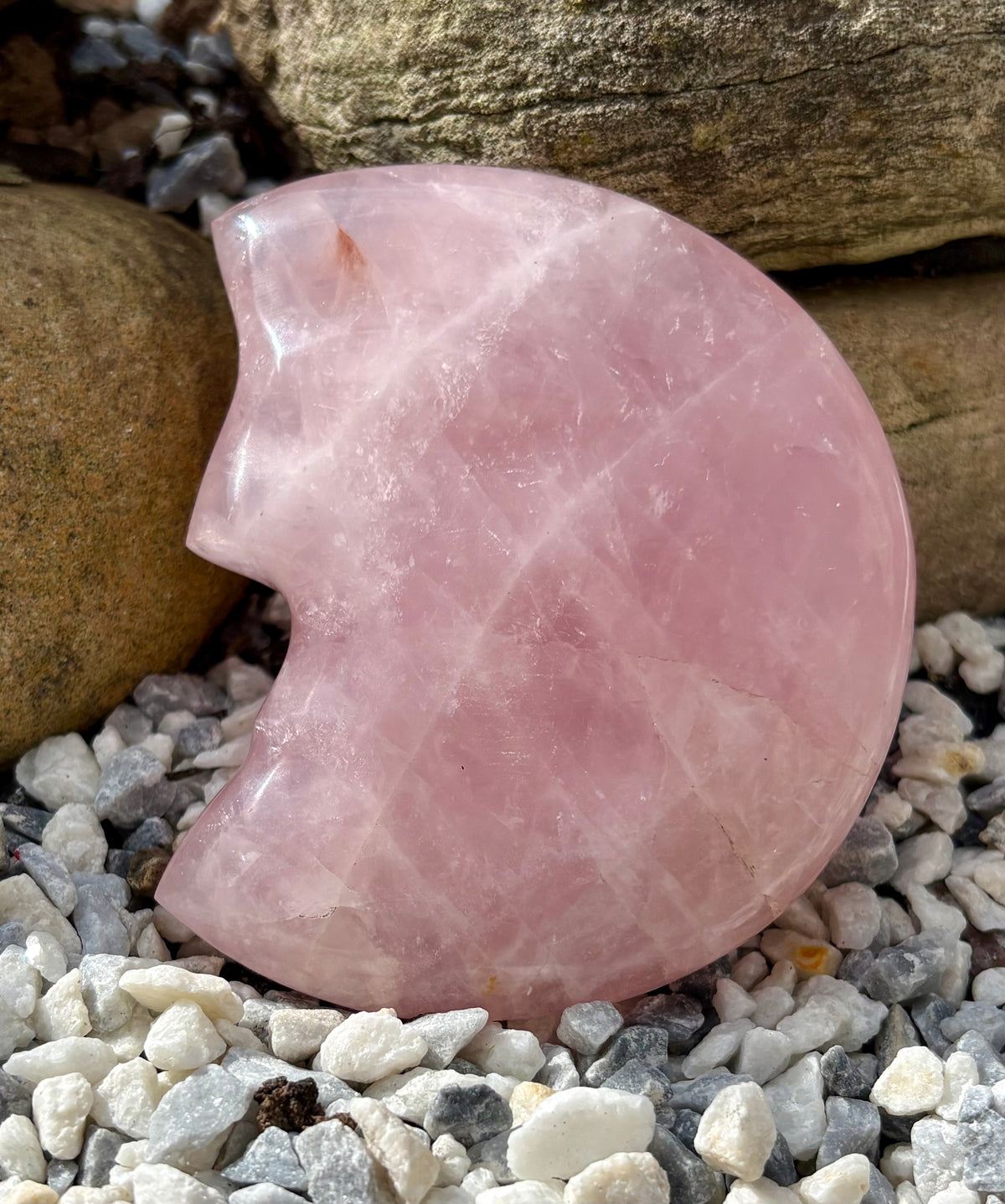 Rose Quartz Crescent Moon Face Carving – Approx. 9 cm