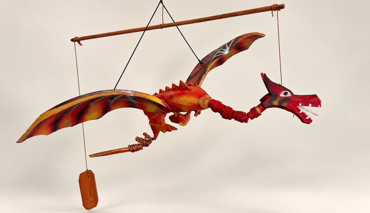 Red Coconut Shell Flying Dragon – Handcrafted Hanging Decoration / Puppet
