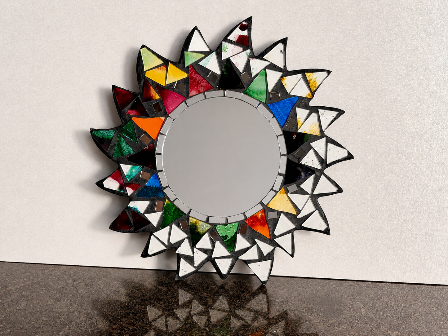 Handmade 20cm Stained Glass Mosaic Sunburst Mirror | Colourful Decorative Wall Mirror