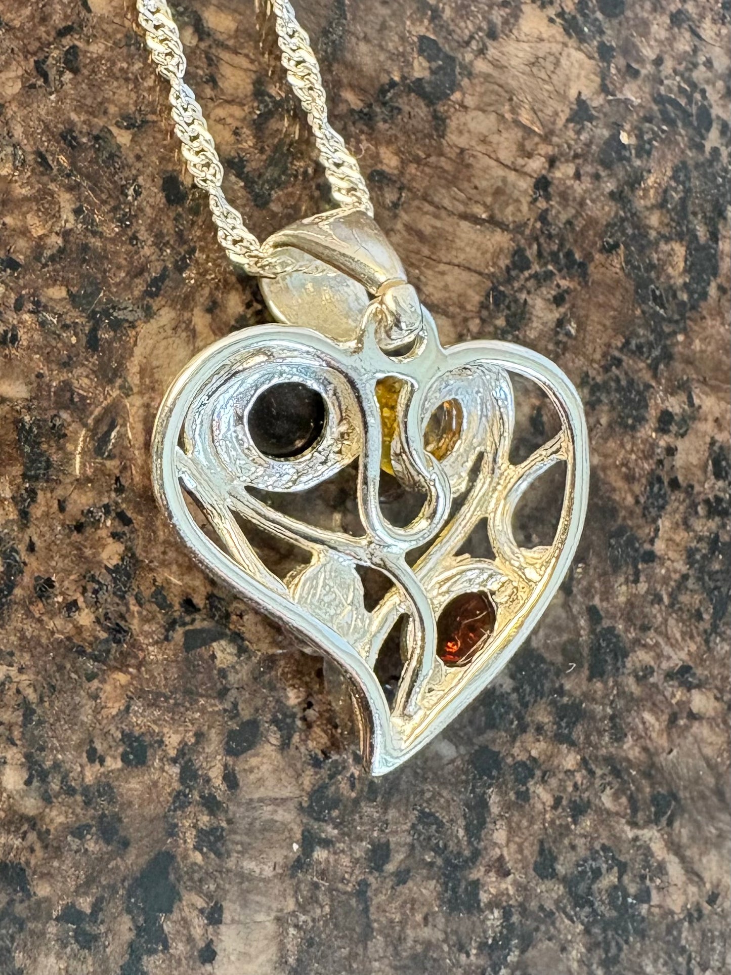Sterling Silver Mixed Baltic Amber Heart Pendant Necklace