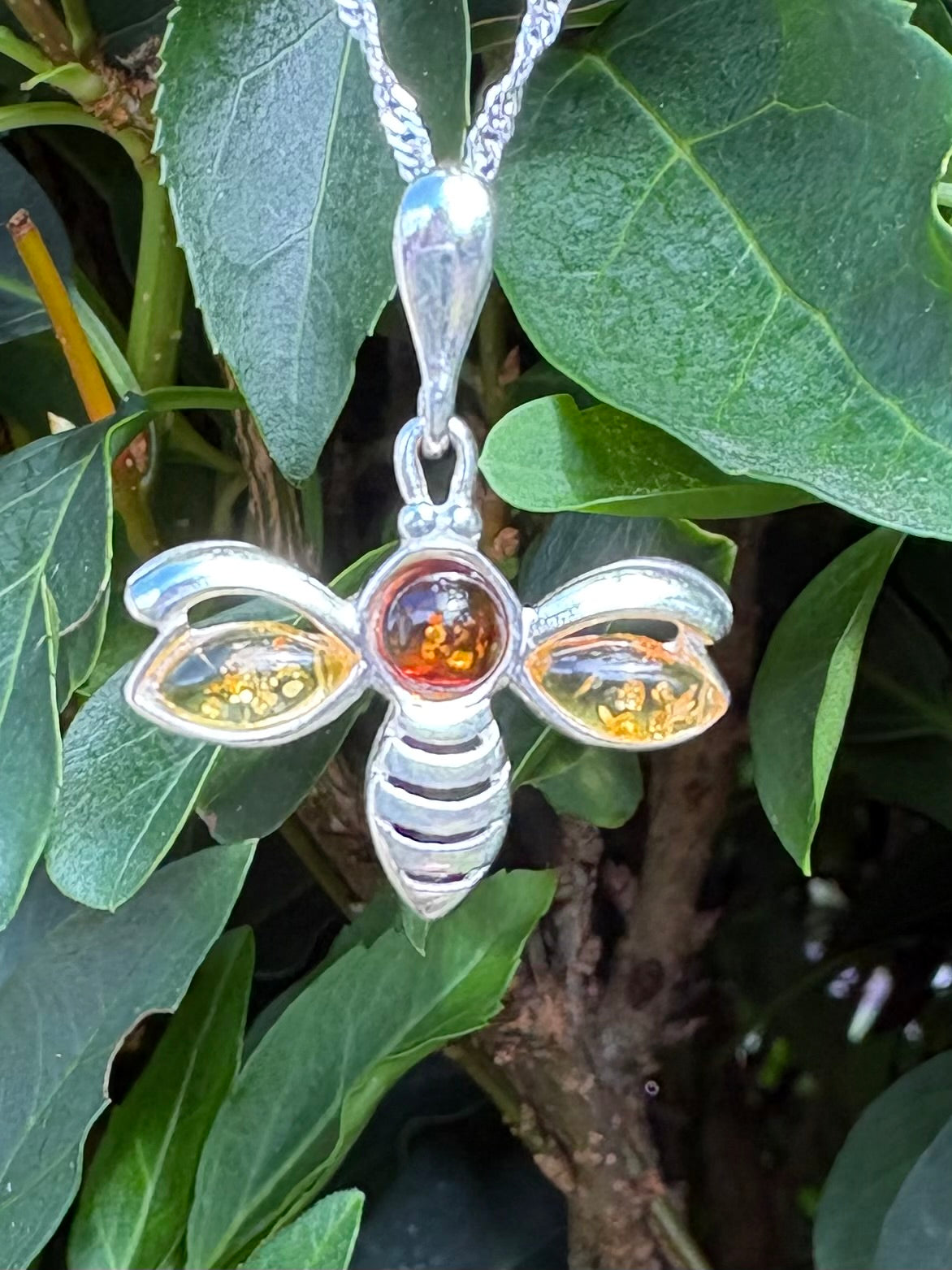 Sterling Silver Amber Bee Pendant Necklace with 18" Sterling Silver Chain