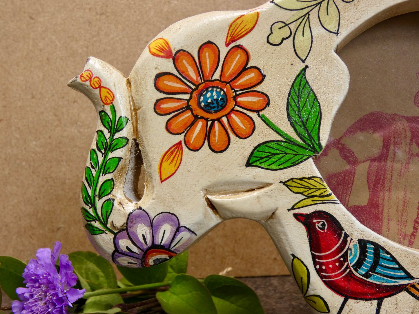 Hand painted wooden elephant shaped photo frame