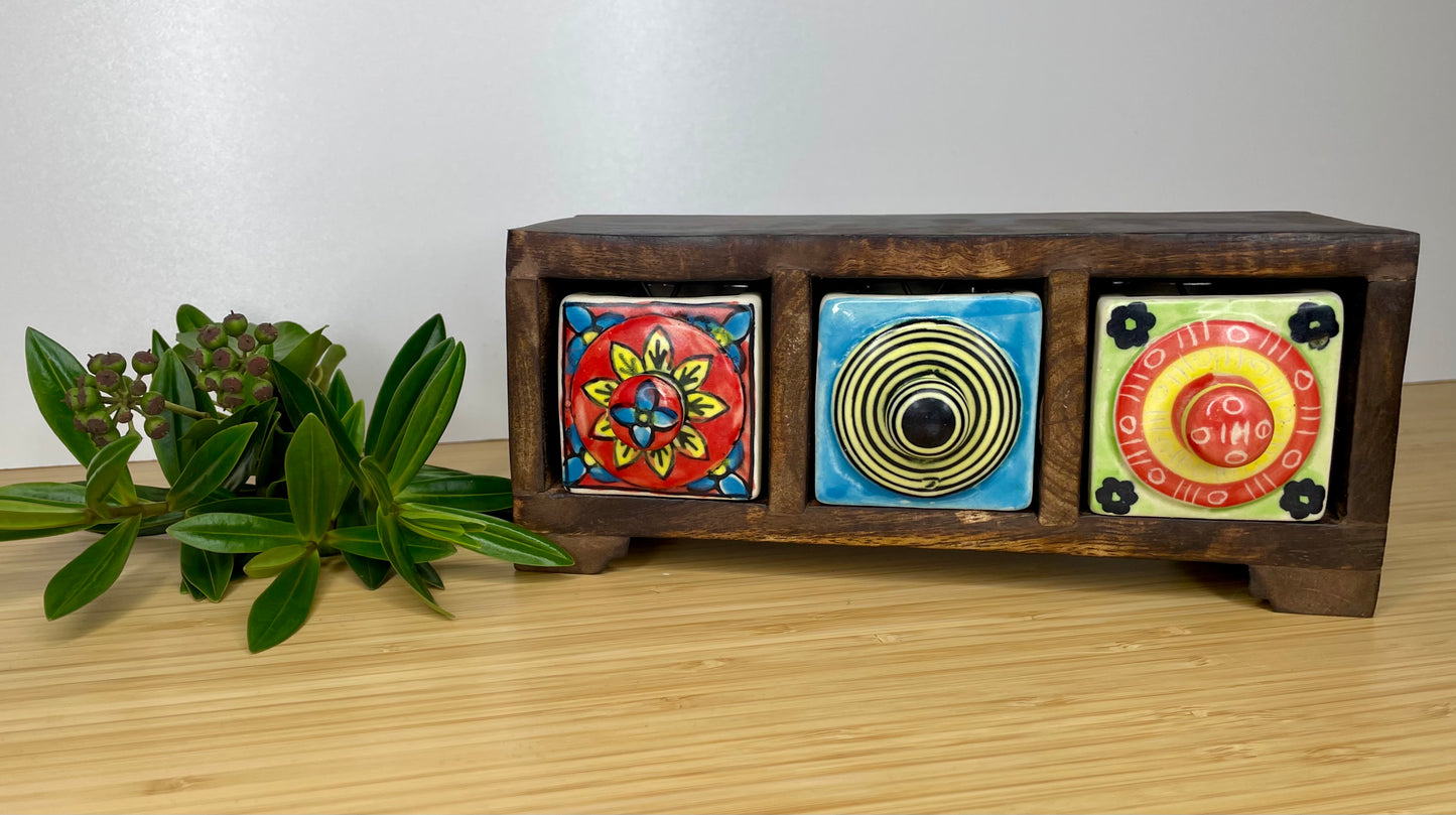 Wooden mini chest, 3 ceramic drawers.