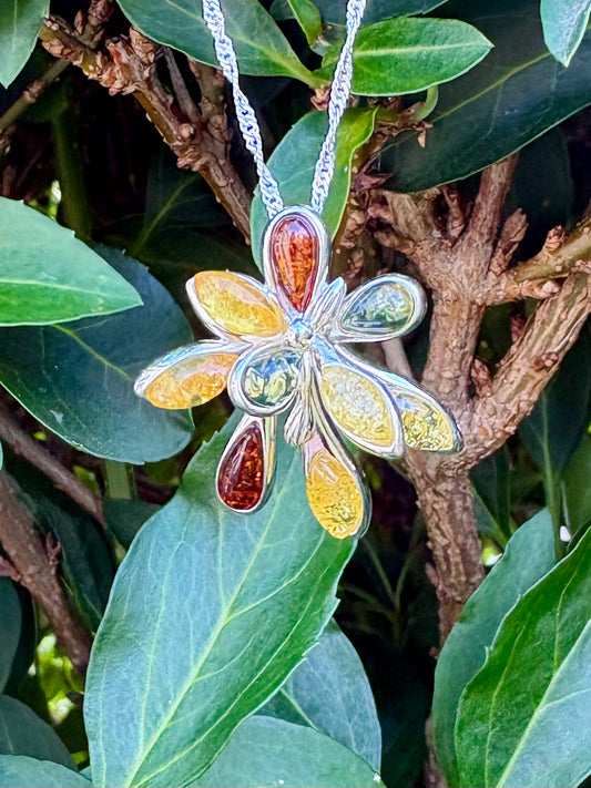 Sterling Silver Baltic Amber Dragonfly Pendant Necklace – Multicolour Genuine Amber, 18" Sterling Silver Chain