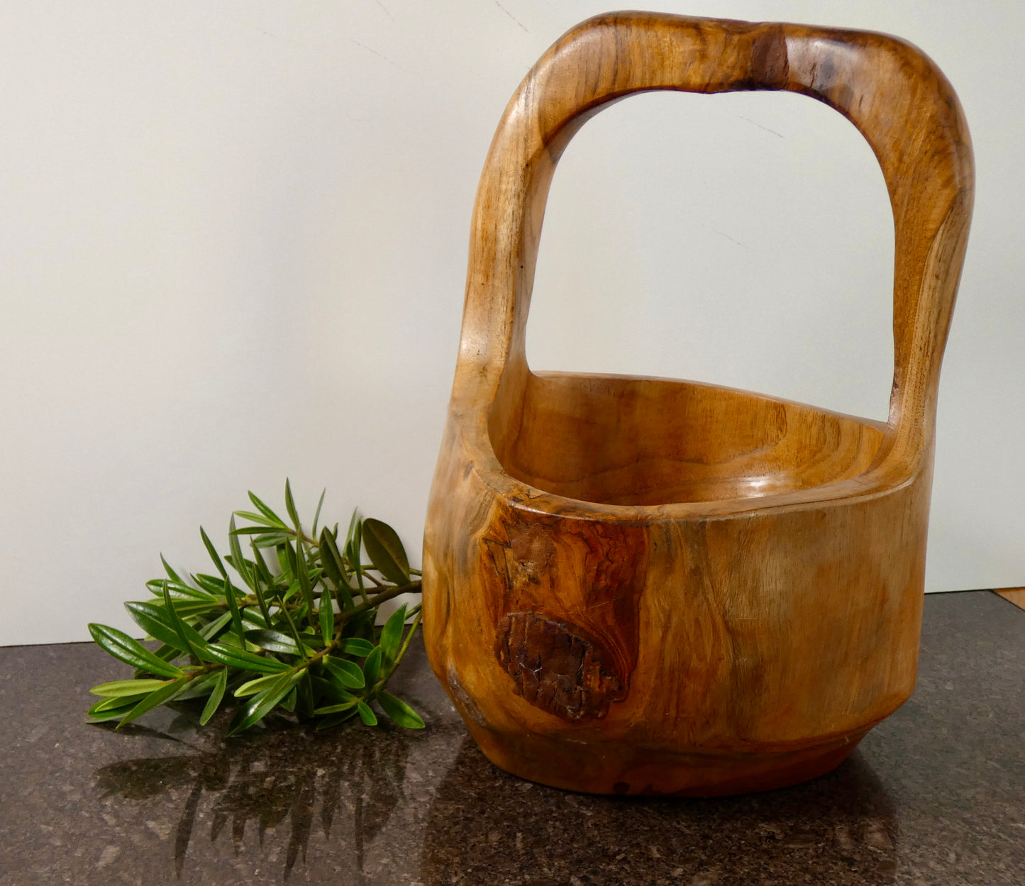 Solid Teak Wood Bowl with Handle | Handcrafted Basket Style Wooden Bowl | Natural Rustic Home Décor | 34cm High