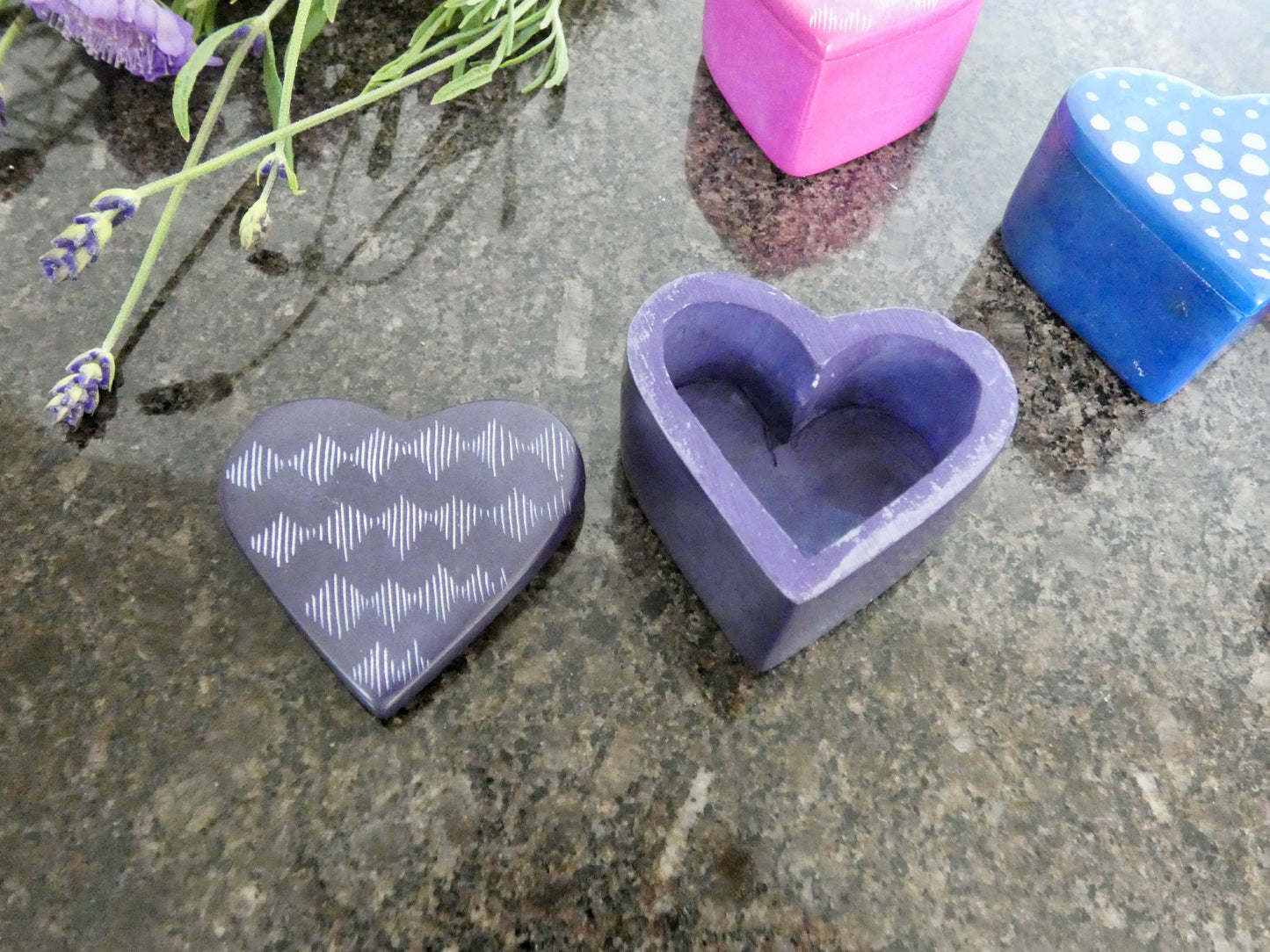 Hand-carved heart-shaped soapstone trinket box