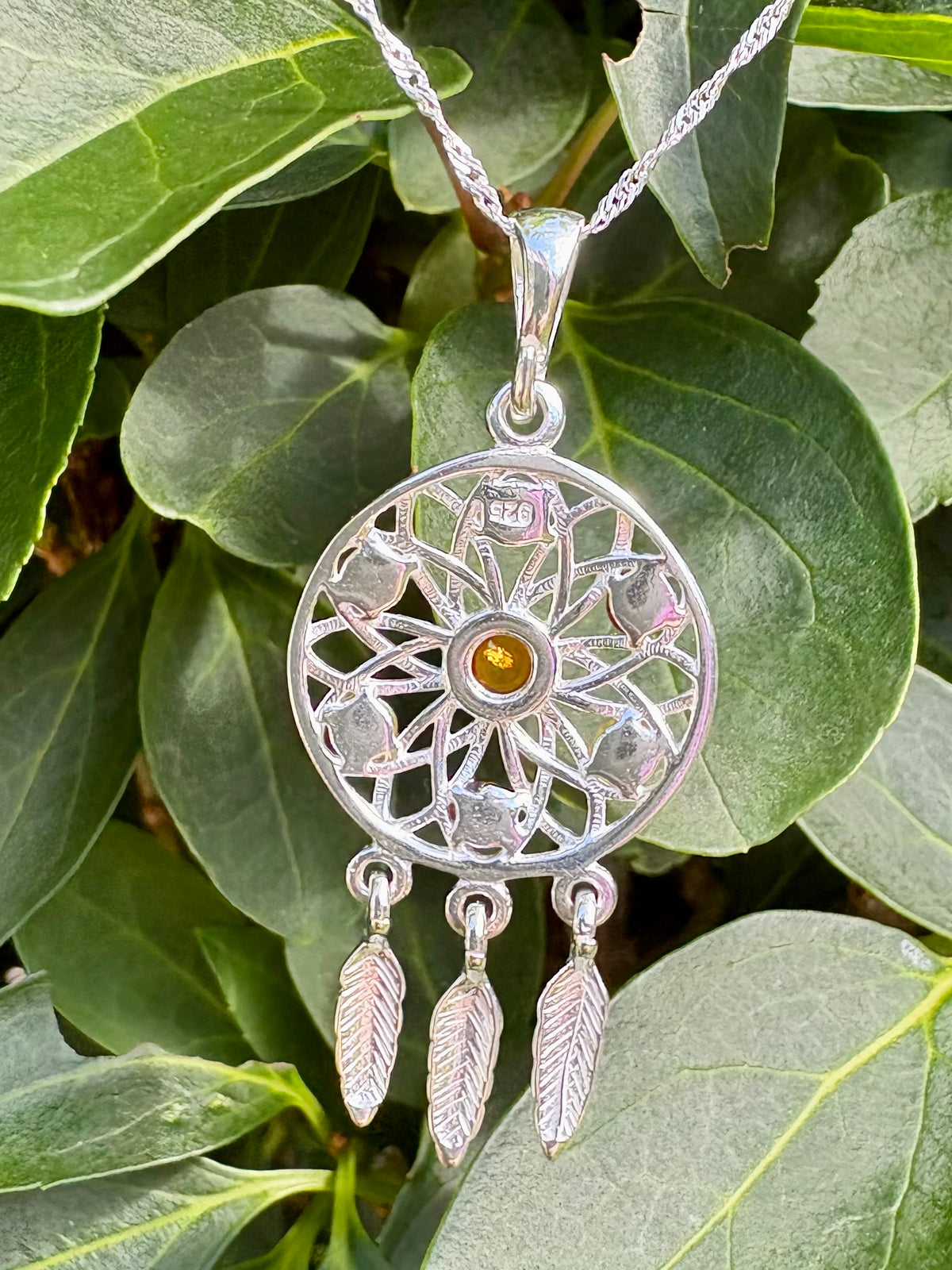 Sterling Silver Amber Dreamcatcher Pendant with 18" Chain