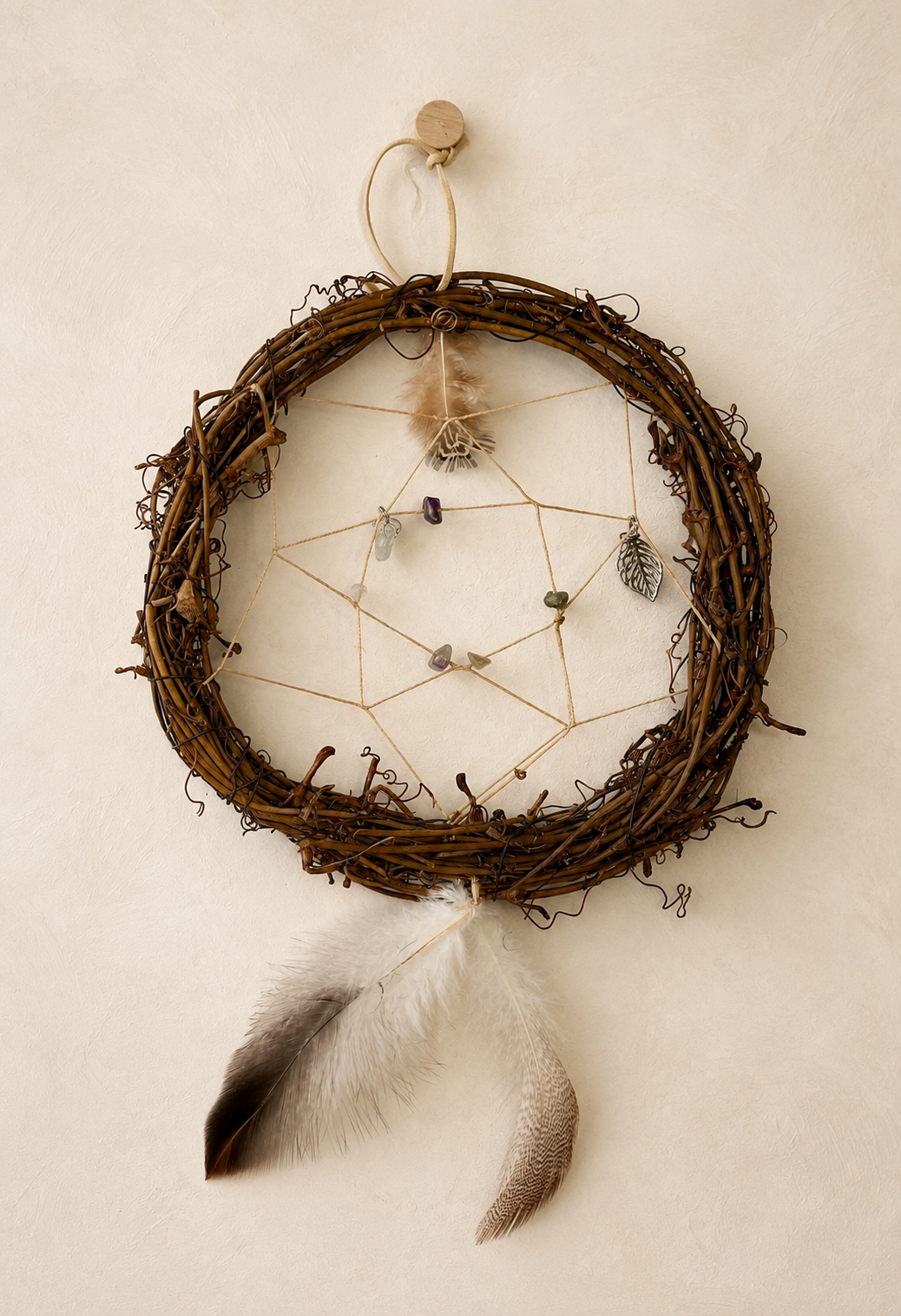 Handmade Grapevine Dreamcatcher with Crystals & Feathers – 20 cm