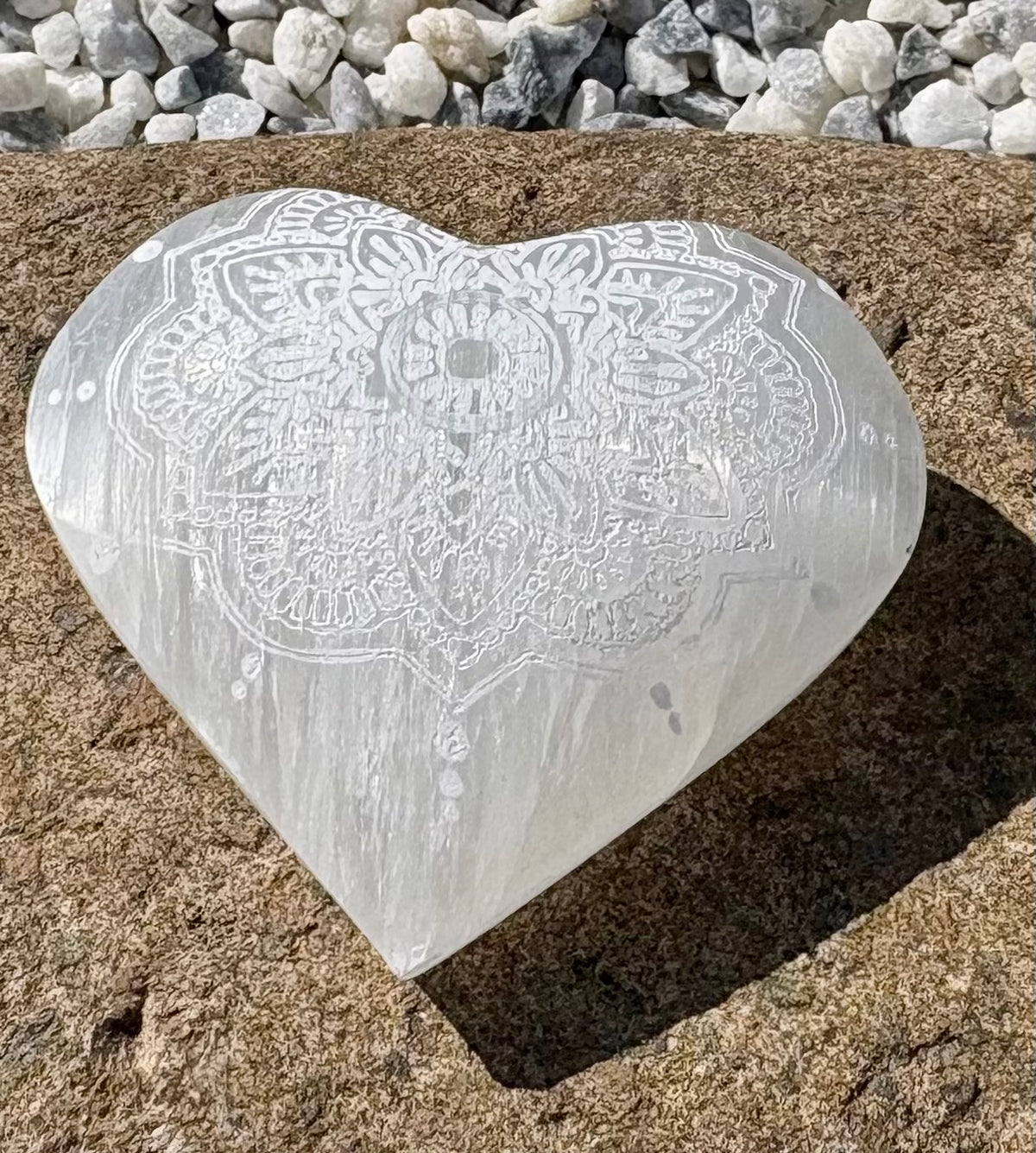 Engraved Selenite Heart Stone with Mandala Design