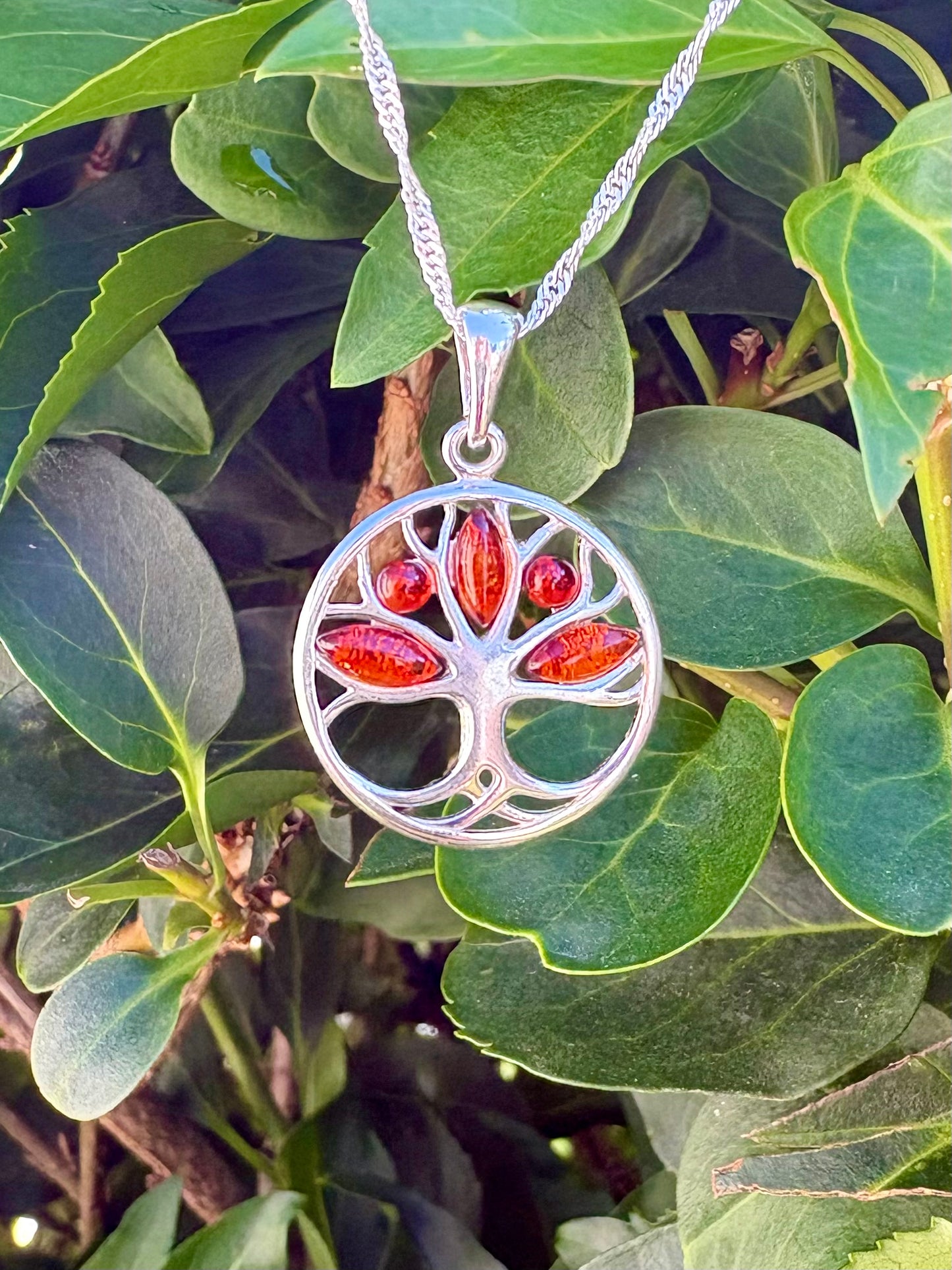 Sterling Silver Baltic Amber Tree of Life Pendant Necklace – Genuine Amber, 18" Sterling Silver Chain