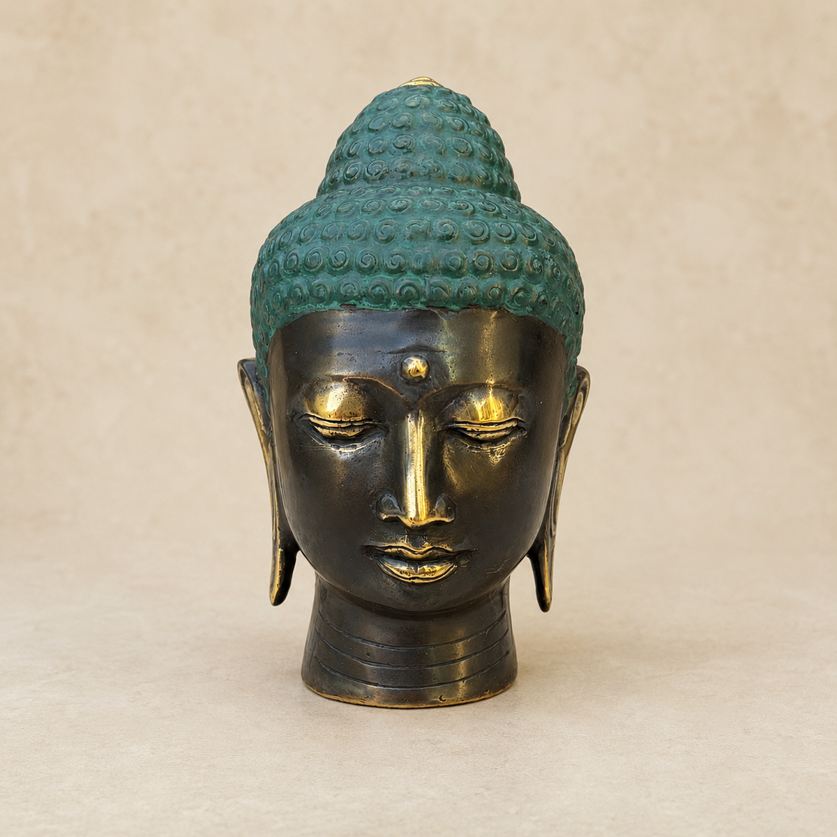 Brass Buddha Head Ornament with Teal Patina – 14.5 cm