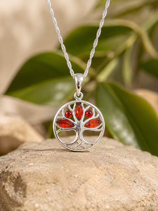 Sterling Silver Baltic Amber Tree of Life Pendant Necklace – Genuine Amber, 18" Sterling Silver Chain