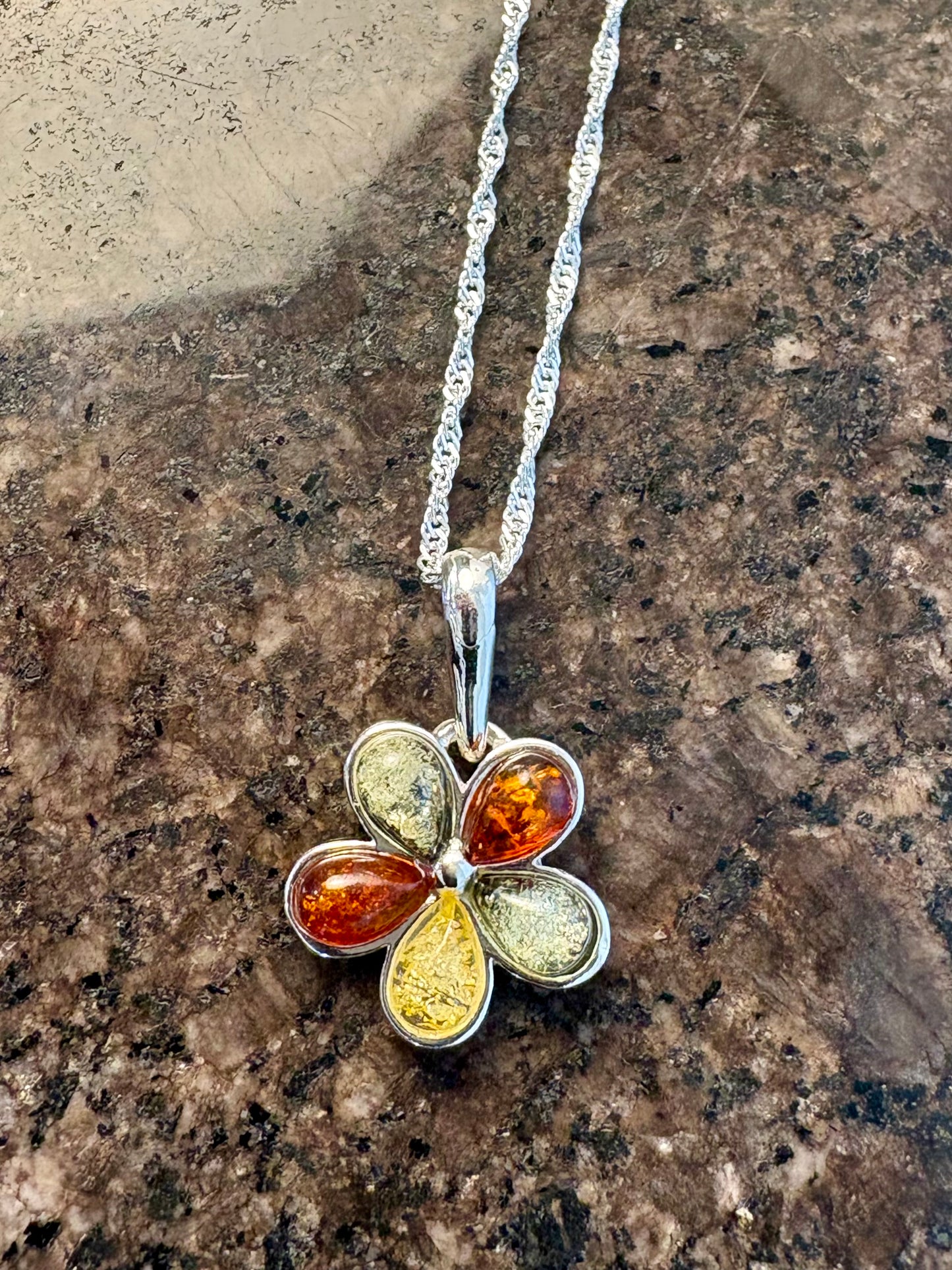 Sterling Silver Baltic Amber Flower Pendant Necklace – 18" Chain