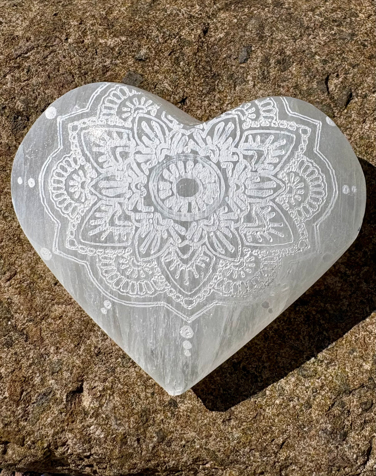 Engraved Selenite Heart Stone with Mandala Design