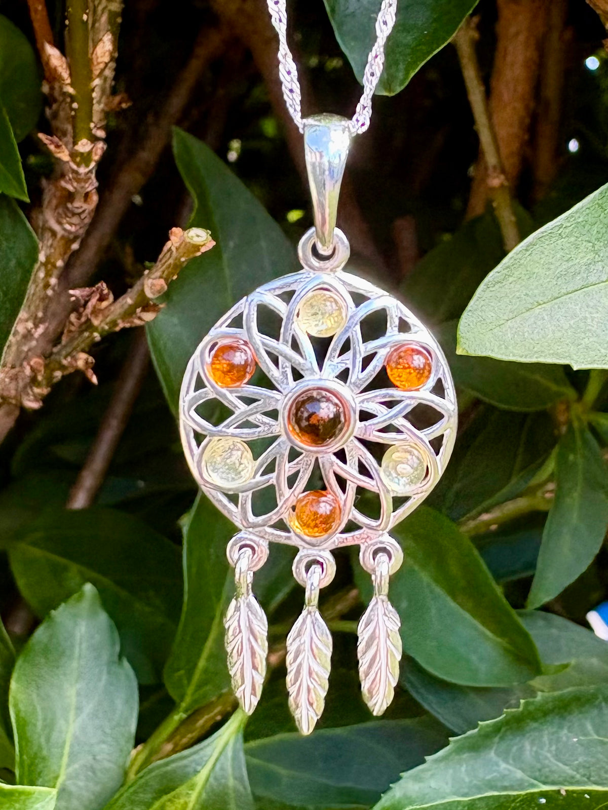 Sterling Silver Amber Dreamcatcher Pendant with 18" Chain
