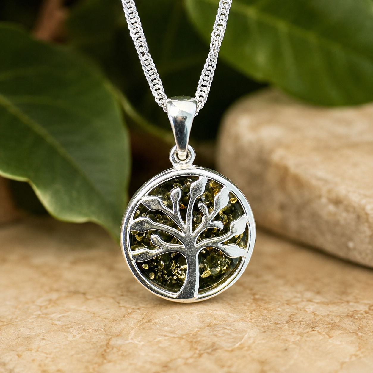 Sterling Silver Green Baltic Amber Tree of Life Pendant Necklace – Genuine Amber, 18" Sterling Silver Chain