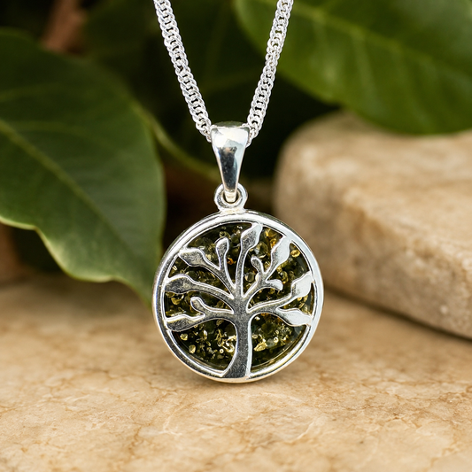 Sterling Silver Green Baltic Amber Tree of Life Pendant Necklace – Genuine Amber, 18" Sterling Silver Chain