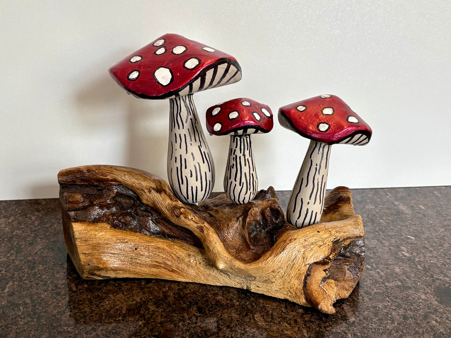 Hand-Painted Toadstool Trio on Wood Base