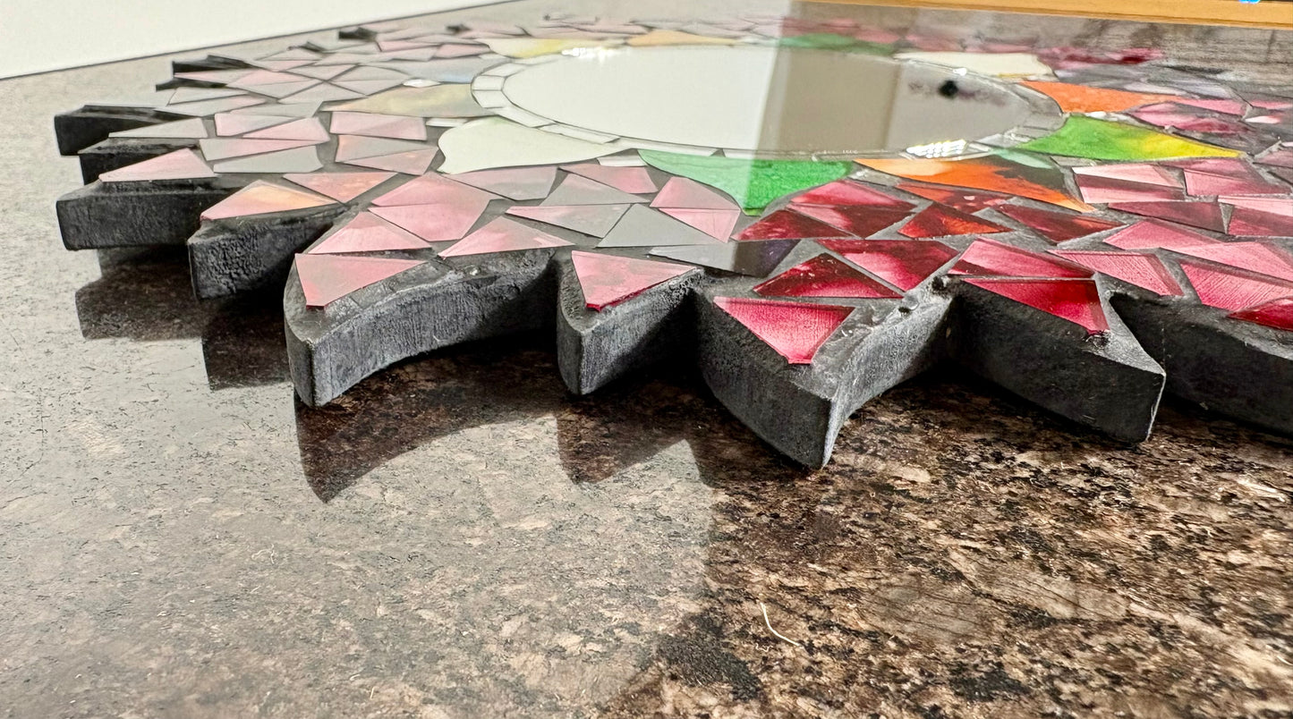 Handmade 30cm Stained Glass Mosaic Sunburst Mirror | Colourful Decorative Wall Mirror