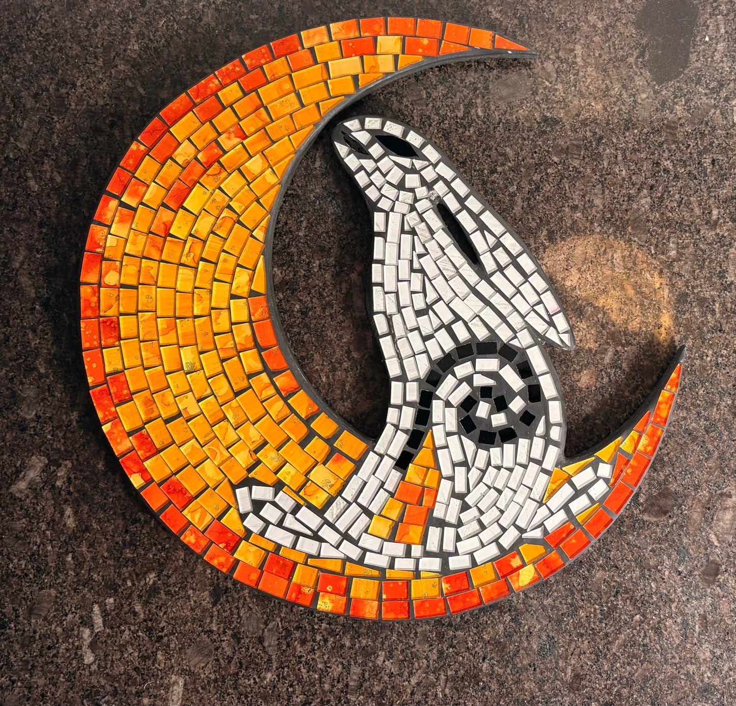 Handmade Hare in Moon Mosaic Wall Art – 28cm | Stained Glass Moon Hare Wall Hanging