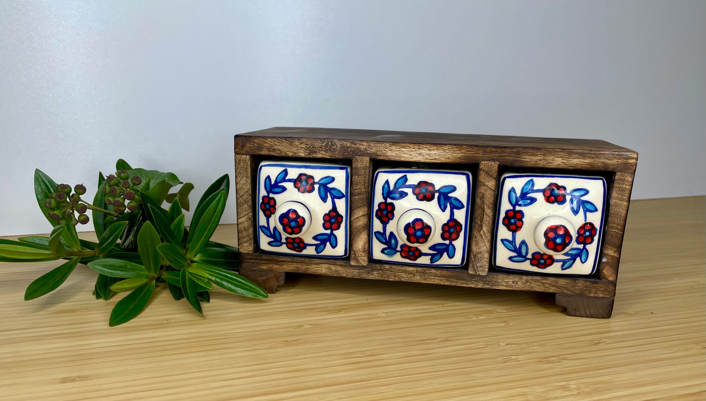 Wooden mini chest, 3 ceramic drawers.