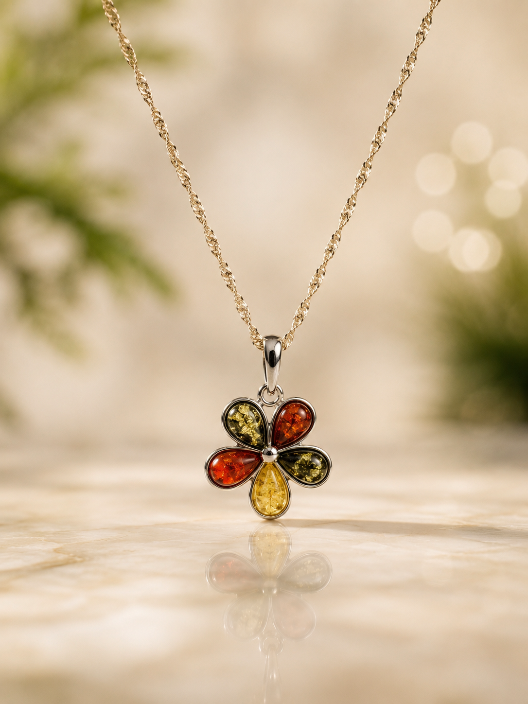 Sterling Silver Baltic Amber Flower Pendant Necklace – 18" Chain