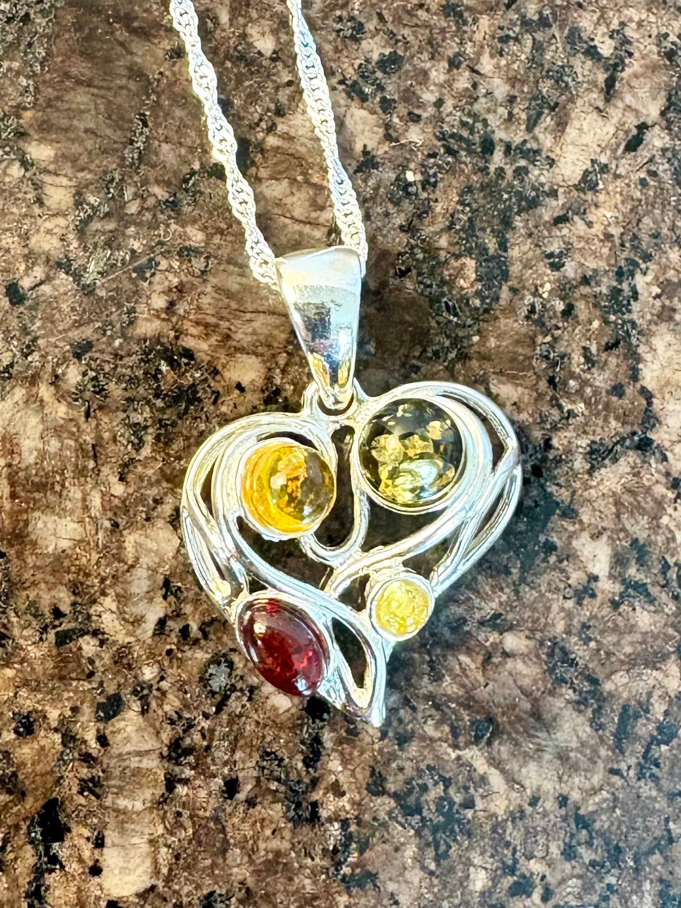 Sterling Silver Mixed Baltic Amber Heart Pendant Necklace