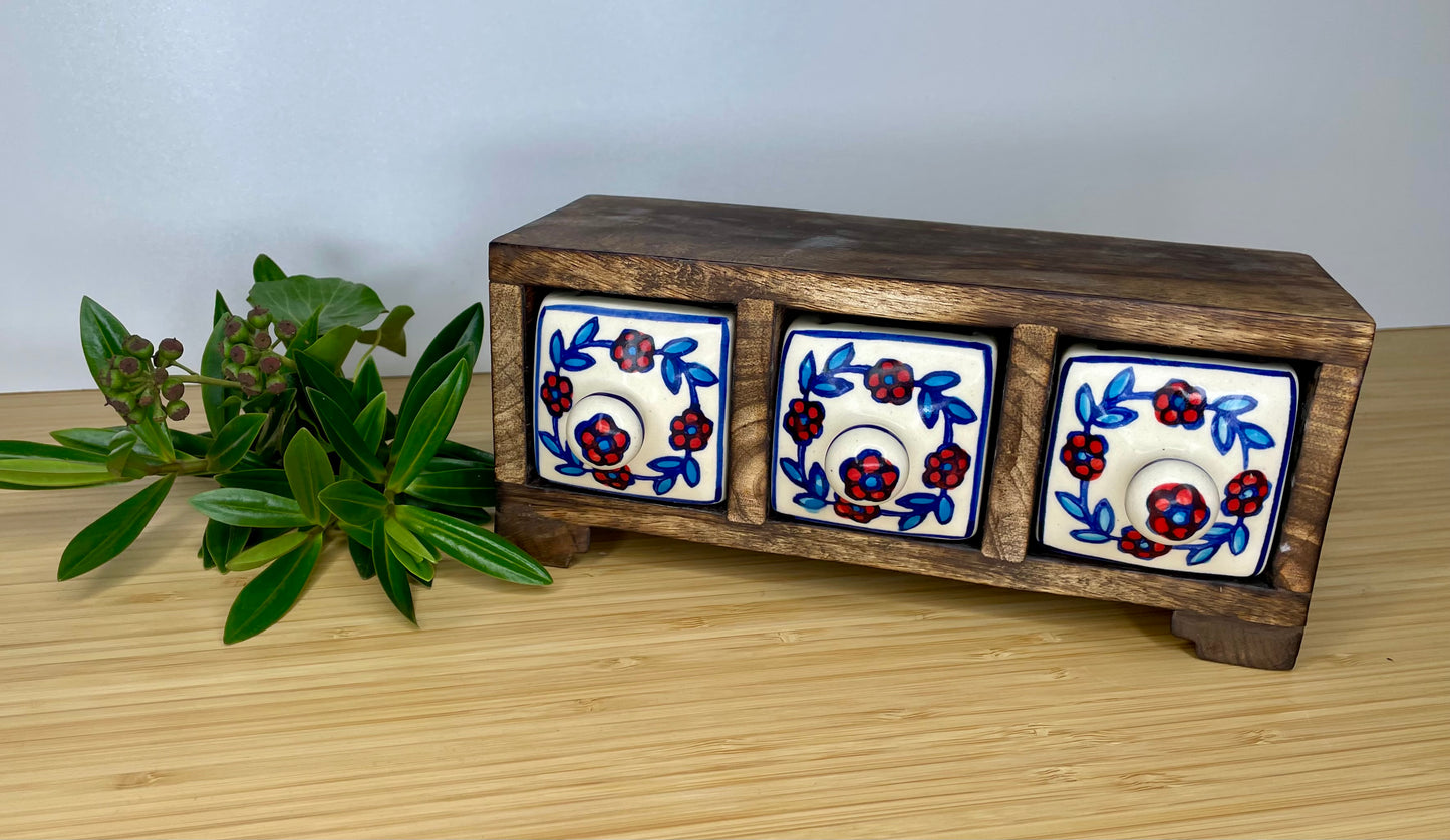 Wooden mini chest, 3 ceramic drawers.