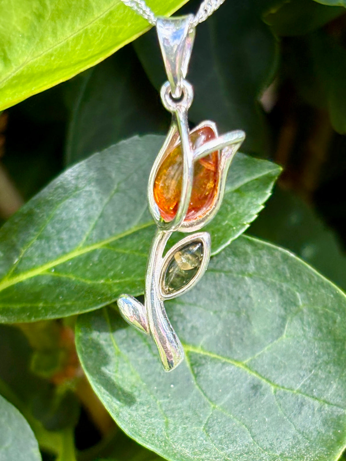 Sterling Silver Amber Rose Shaped Pendant with 18" Sterling Silver Chain