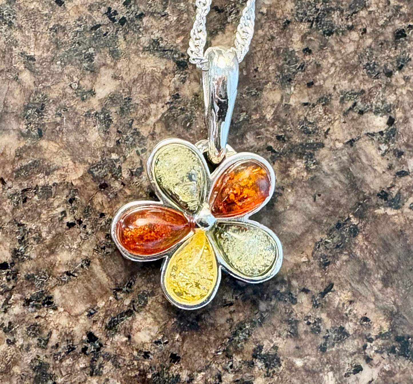 Sterling Silver Baltic Amber Flower Pendant Necklace – 18" Chain