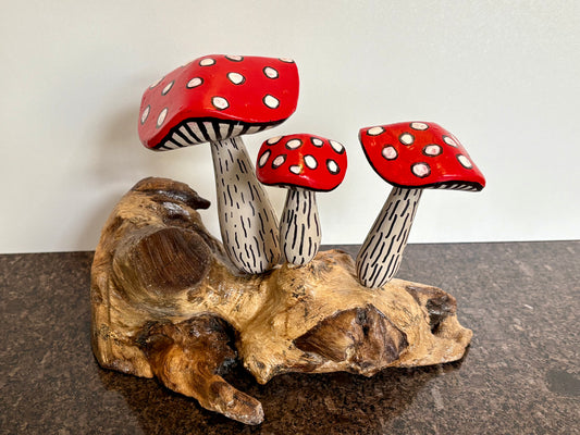 Hand-Painted Toadstool Trio on Wood Base