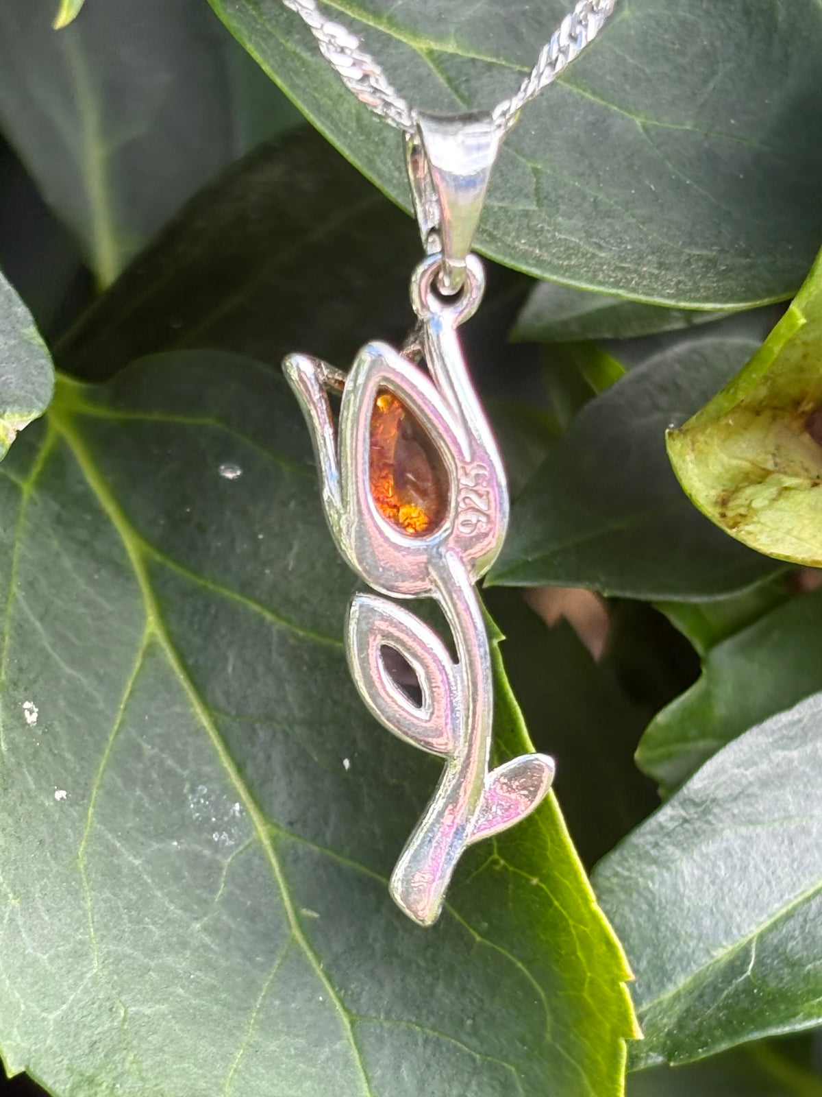 Sterling Silver Amber Rose Shaped Pendant with 18" Sterling Silver Chain