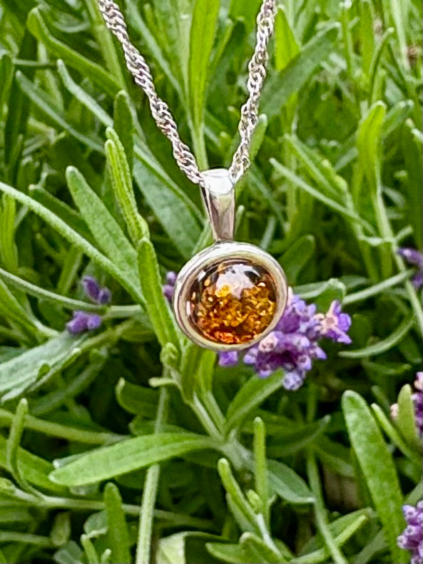 Small Round Amber Sterling Silver Pendant with Sterling Silver Chain.