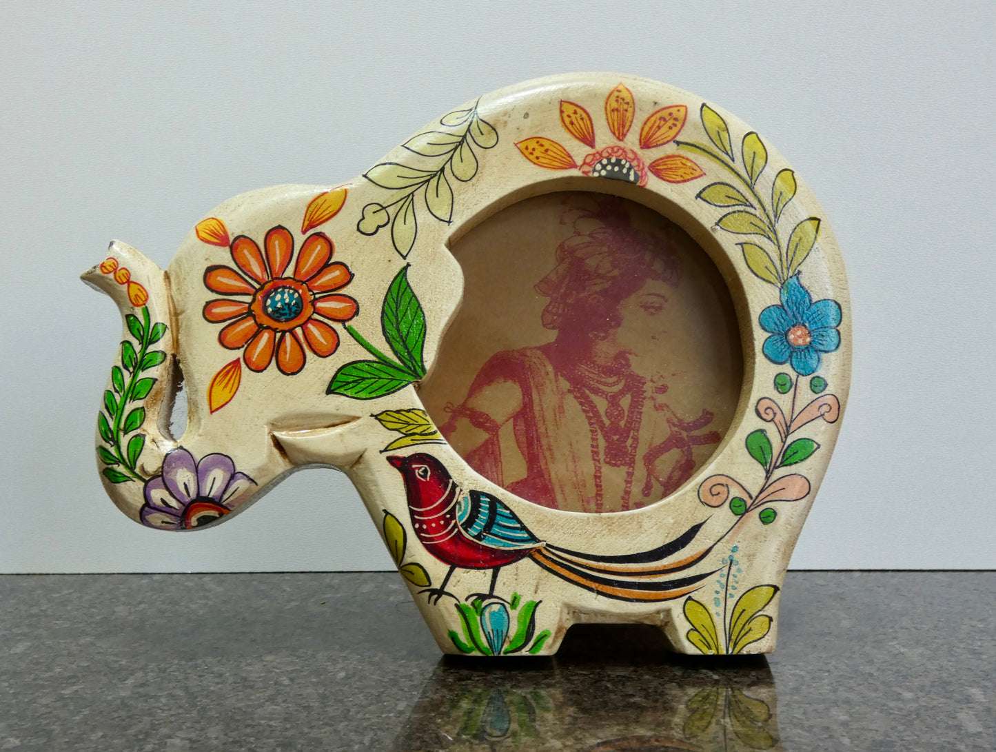 Hand painted wooden elephant shaped photo frame