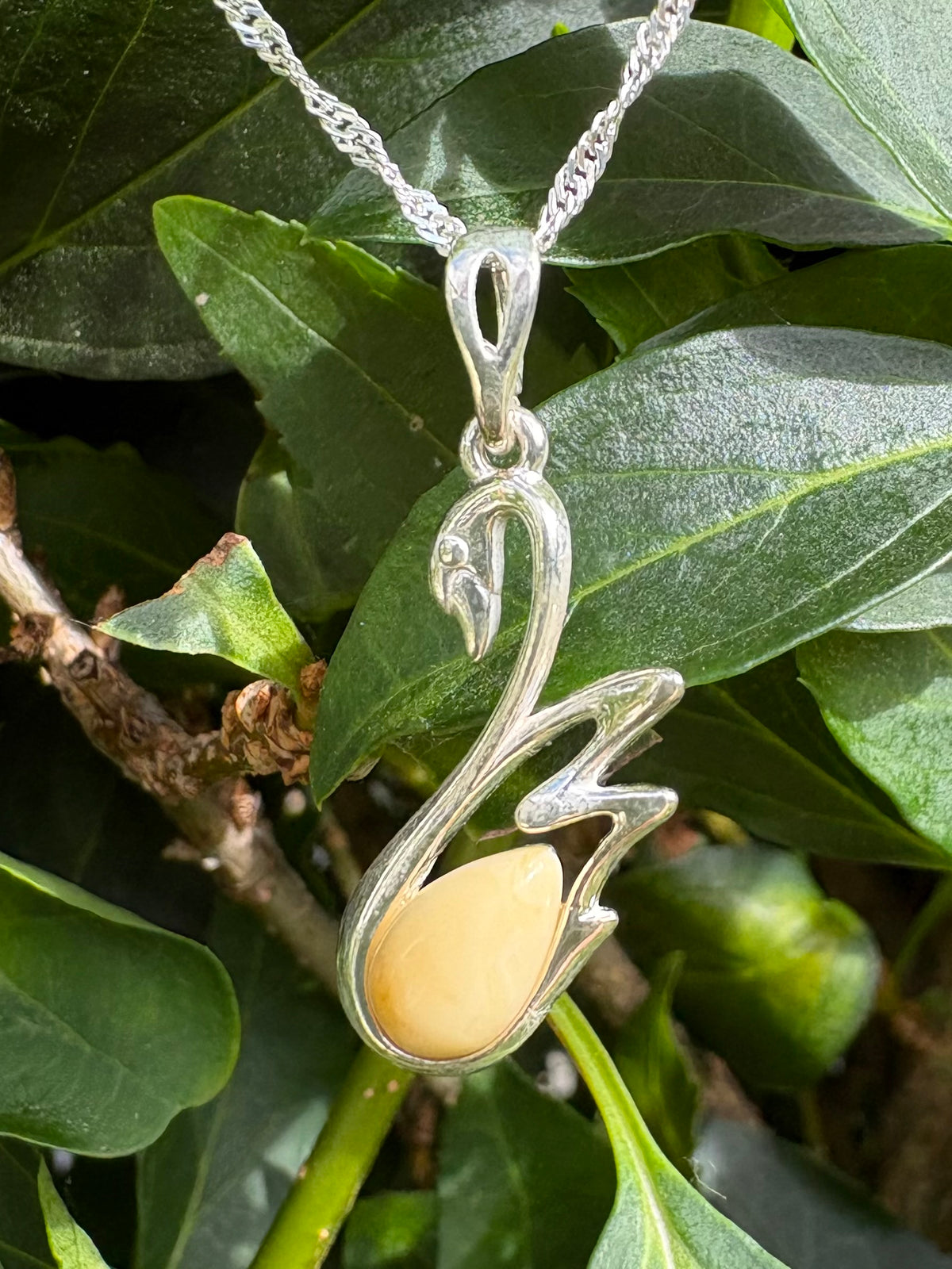Sterling Silver Swan Pendant with Genuine Honey Amber & 18" Sterling Silver Chain