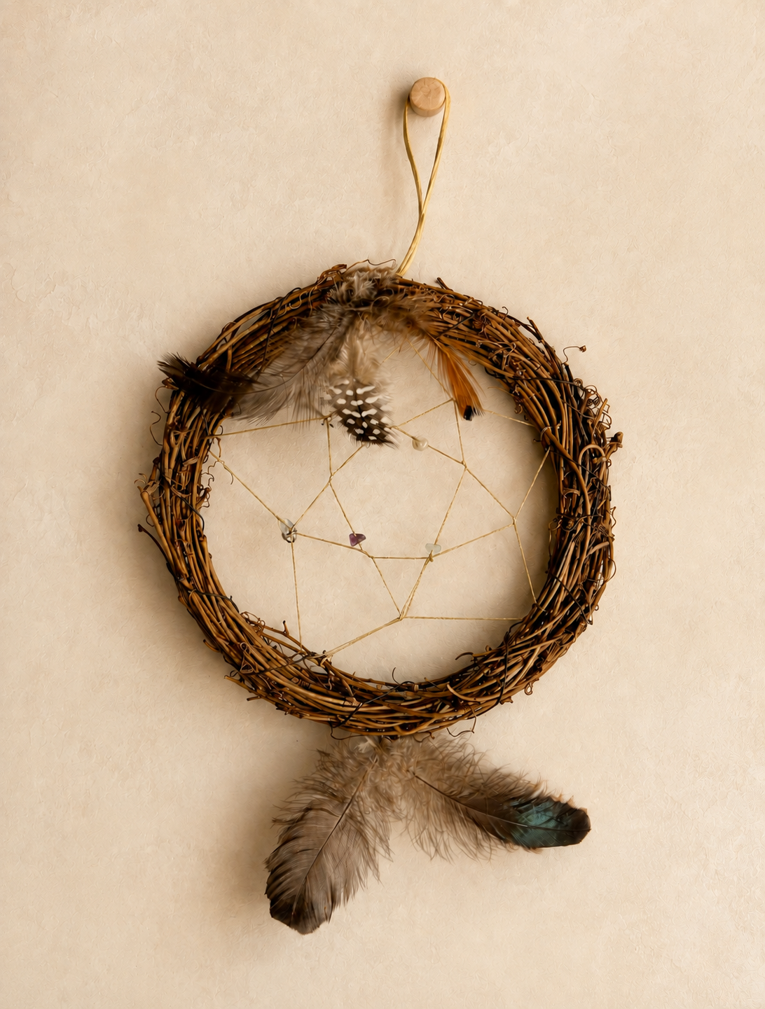 Handmade Grapevine Dreamcatcher with Crystals & Feathers – 20 cm