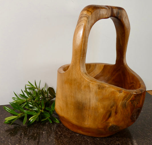 Solid Teak Wood Bowl with Handle | Handcrafted Basket Style Wooden Bowl | Natural Rustic Home Décor | 34cm High