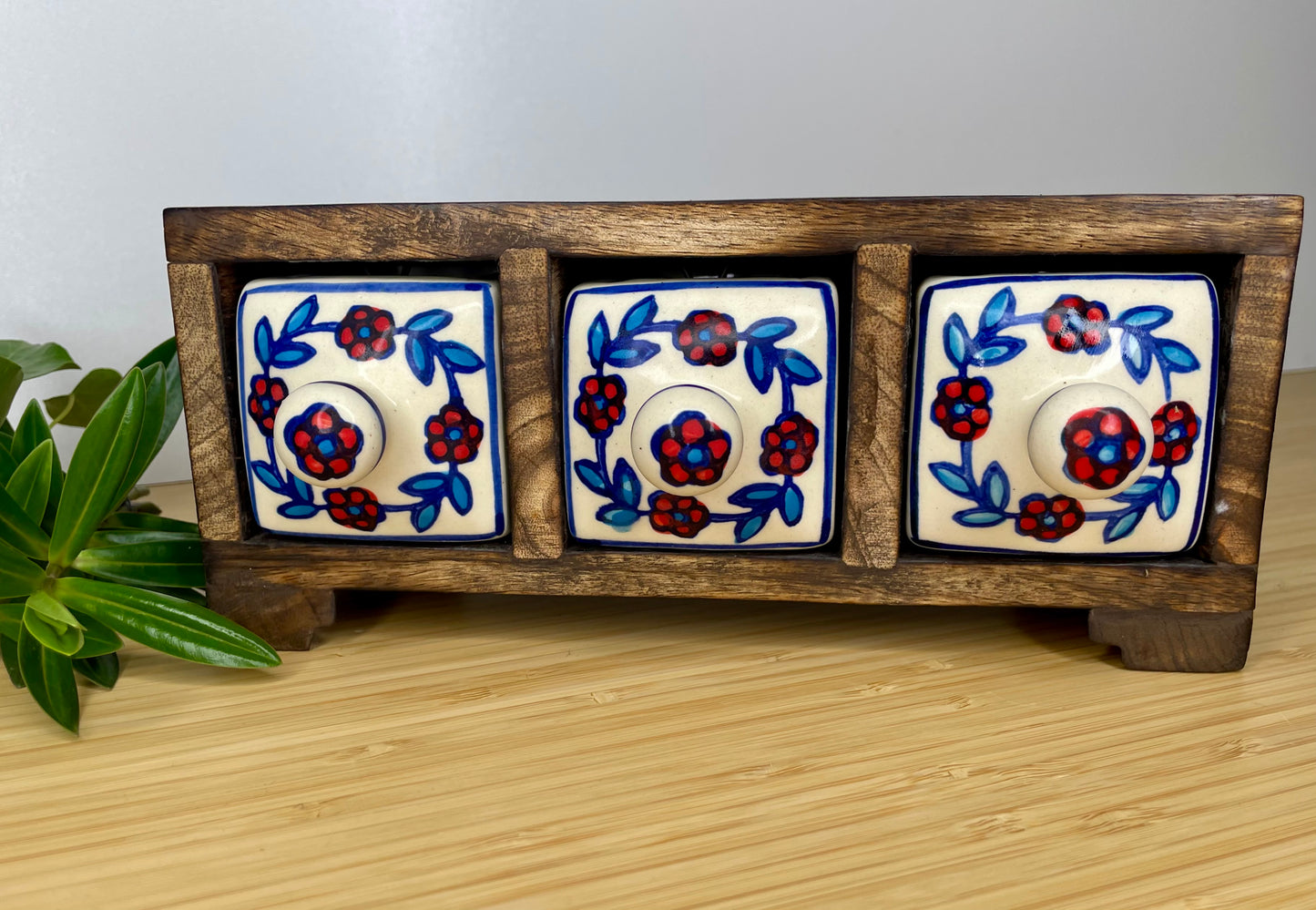 Wooden mini chest, 3 ceramic drawers.
