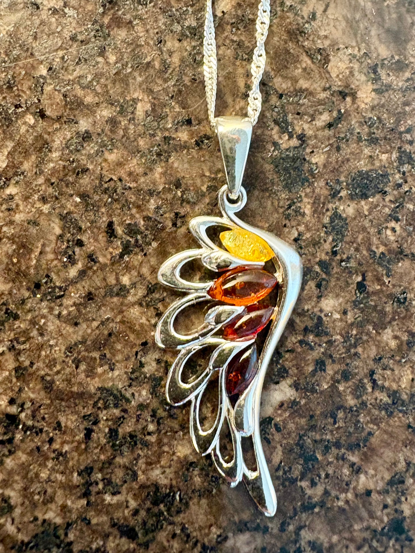 Sterling Silver Baltic Amber Angel Wing Pendant Necklace – Multicolour Genuine Amber, 18" Sterling Silver Chain