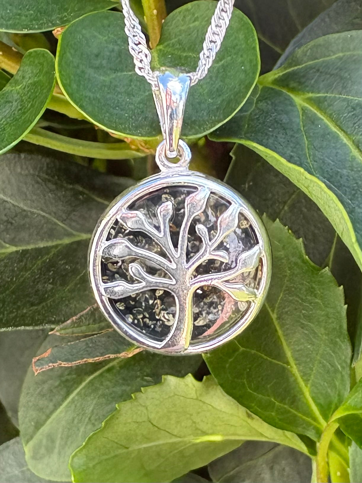 Sterling Silver Green Baltic Amber Tree of Life Pendant Necklace – Genuine Amber, 18" Sterling Silver Chain