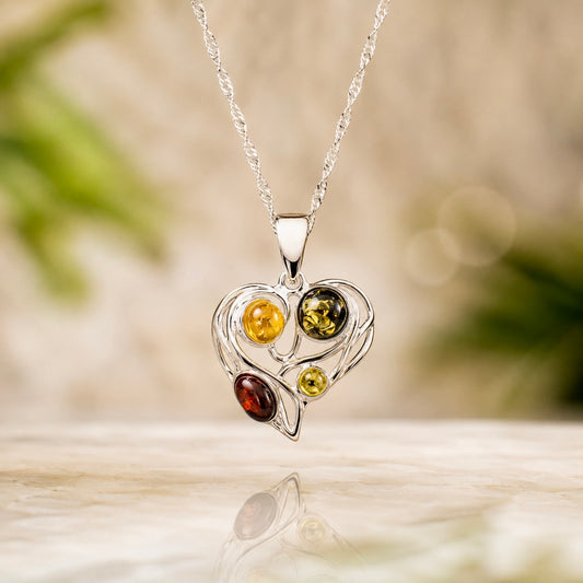 Sterling Silver Mixed Baltic Amber Heart Pendant Necklace