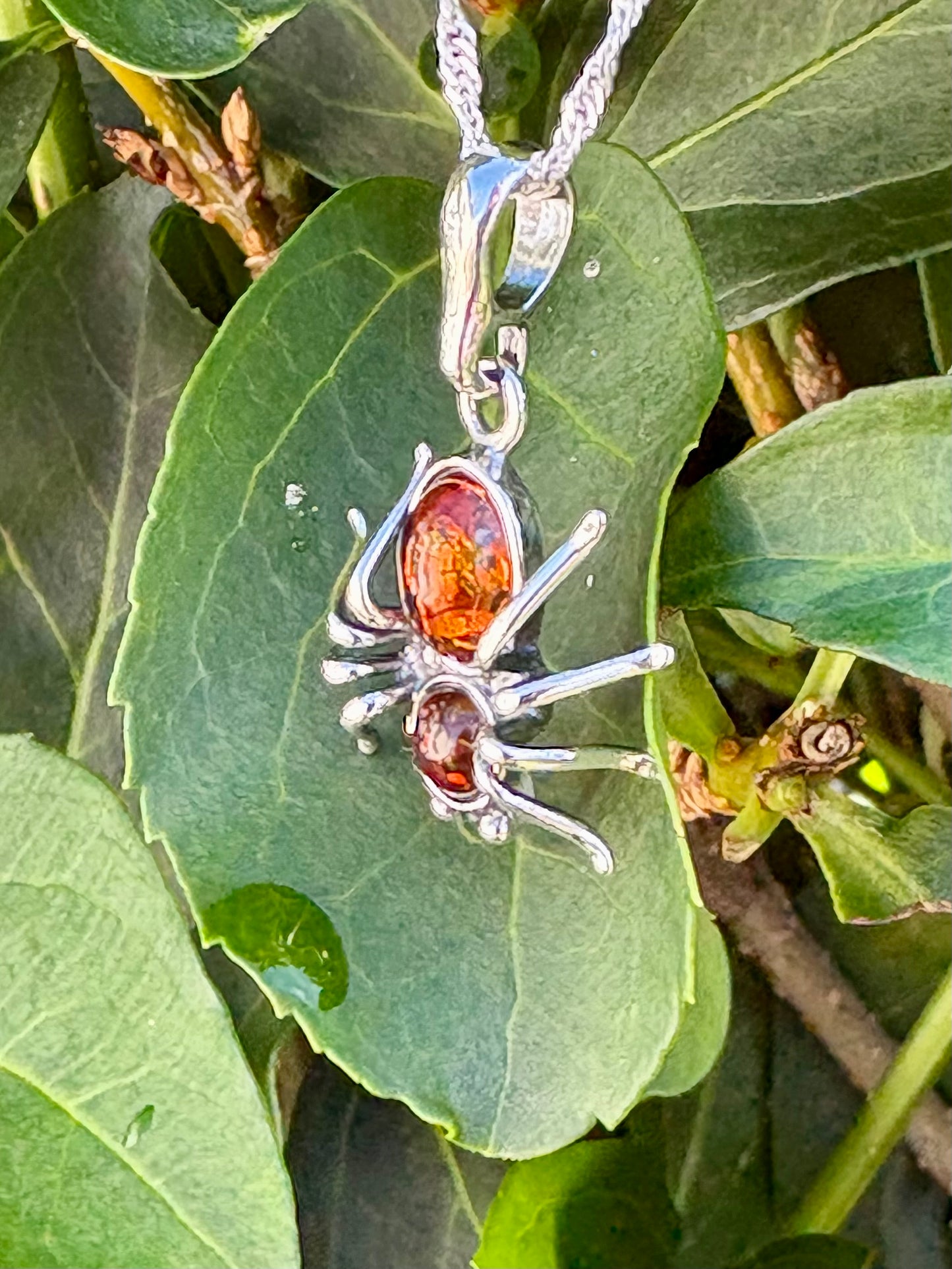 Sterling Silver Baltic Amber Spider Pendant Necklace – Genuine Amber with 18" Sterling Silver Chain